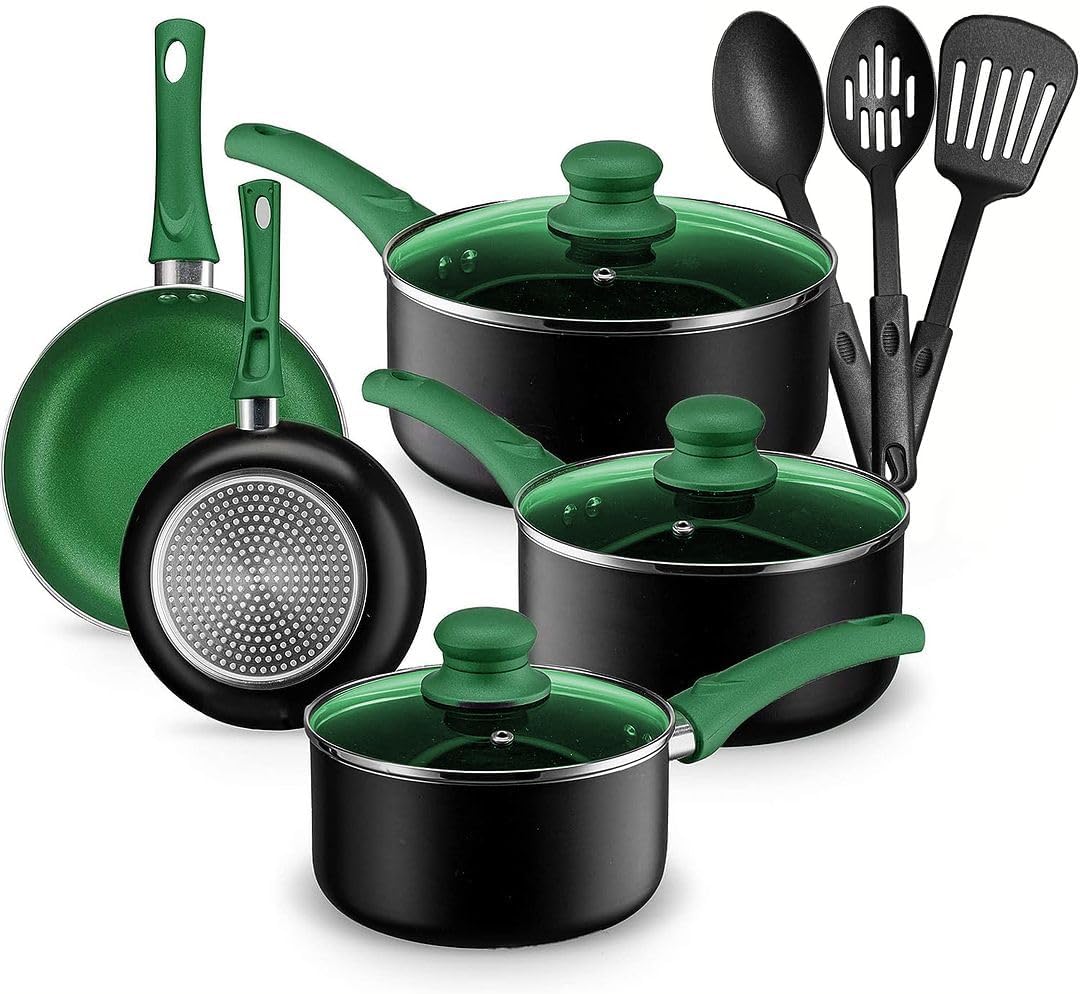 Chef's Star Pots And Pans Set Kitchen Cookware Sets Nonstick Aluminum Cooking Essentials 11 Pieces Green