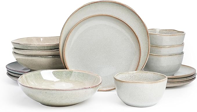 Highland 16pc Dinnerware Set, Unique Organic Shape Double Bowl, Stoneware Plate & Bowl Dish Set Service For 4, Scratch Resistant, Microwave & Dishwasher Safe, Natural Reactive Glaze, Grey