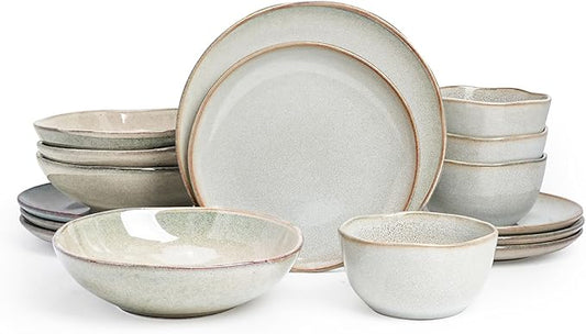 Highland 16pc Dinnerware Set, Unique Organic Shape Double Bowl, Stoneware Plate & Bowl Dish Set Service For 4, Scratch Resistant, Microwave & Dishwasher Safe, Natural Reactive Glaze, Grey