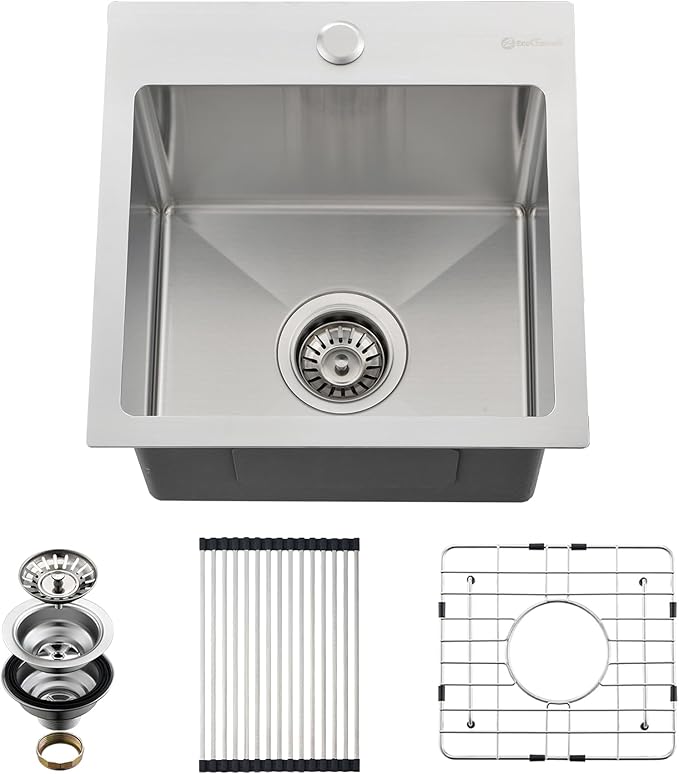 Drop In Kitchen Sink, 15 x 15 x 10 Inch 16 Gauge Single Bowl Topmount Wet Bar Sink T-304 Stainless Steel RV Kitchen Sinks
