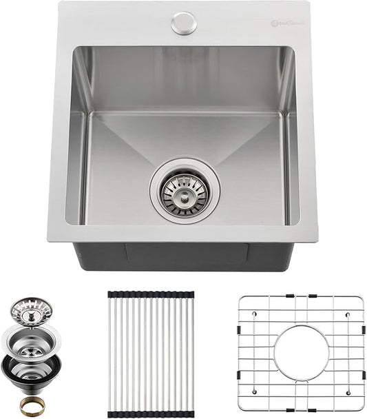 Drop In Kitchen Sink, 15 x 15 x 10 Inch 16 Gauge Single Bowl Topmount Wet Bar Sink T-304 Stainless Steel RV Kitchen Sinks
