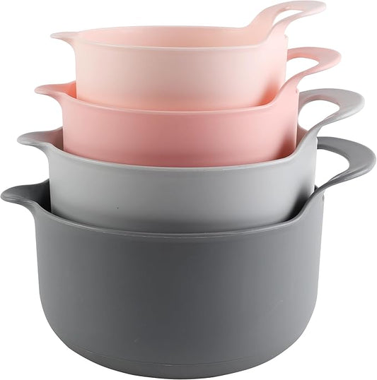 COOK WITH COLOR Nesting Plastic Mixing Bowl Set with Pour Spouts and Handles, Pink, 4 Piece Non-Slip