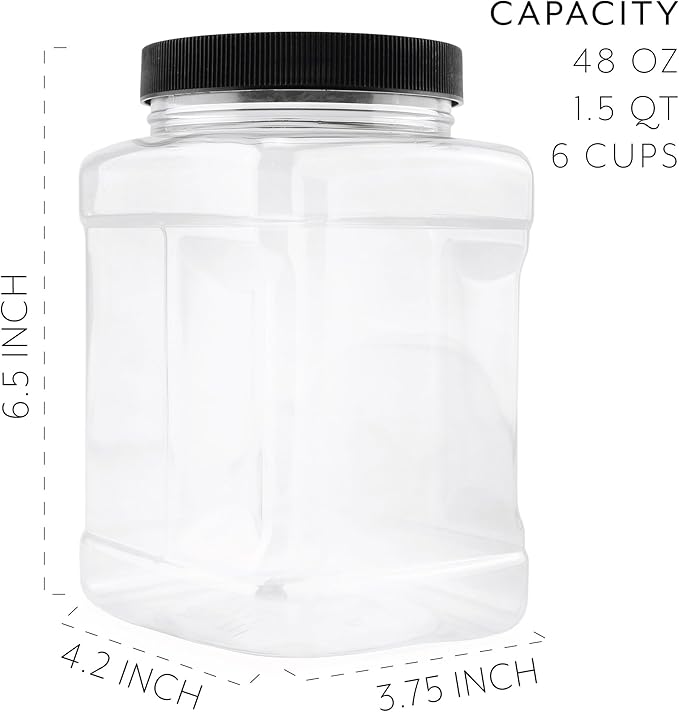 Cornucopia Brands 48oz Square Plastic Jars (3-Pack); Clear Rectangular 6-Cup Canisters w/Black Lids, Easy-Grip Side