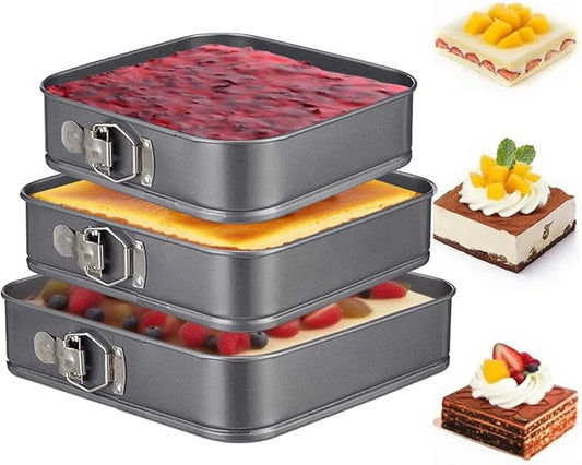 Square Springform Cake Pan 9.5inch,10inch,11inch, Set of 3 non stick leakproof cake baking pans with removable bottom