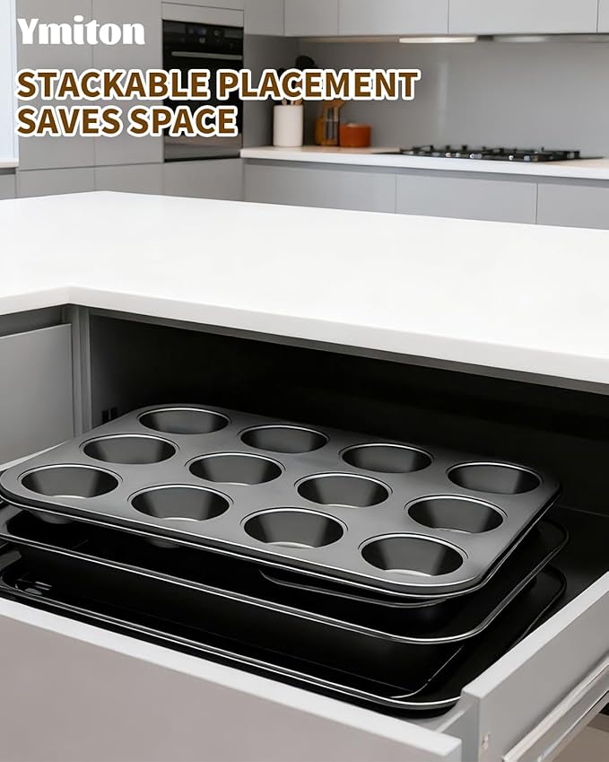 Nonstick Baking Pans Set, 19 PCS Stackable Bakeware Sets, Oven Pan Set Includes Baking Tray, Cookie Sheet, Cake Pans, Loaf Pan, Muffin Pan, Silicone Cups