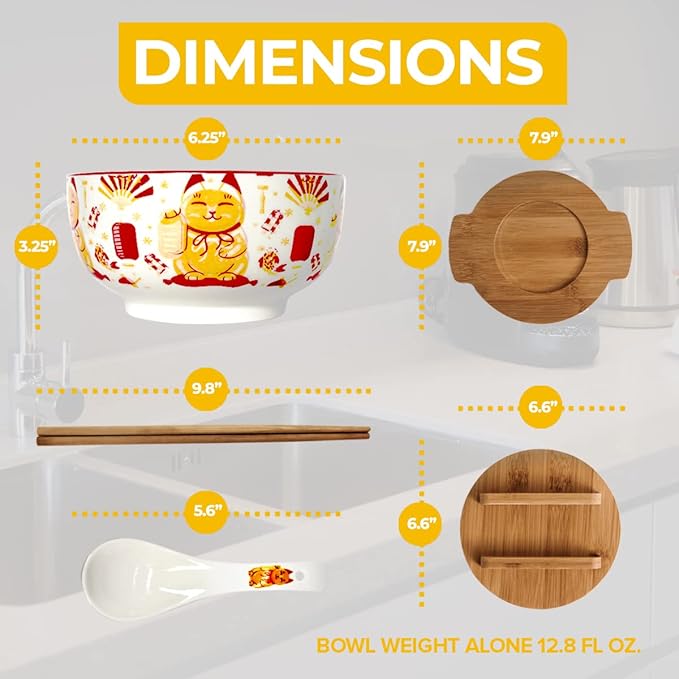 XWORLD Japanese Ceramic Ramen Noodle Bowls Set with Ceramic Spoon, Bamboo Chopsticks, Lid & Trivet, Serving Capacity of 33.8 OZ, Microwavable Oven Safety (3.3” x 6.6” D) (Lucky Cat)
