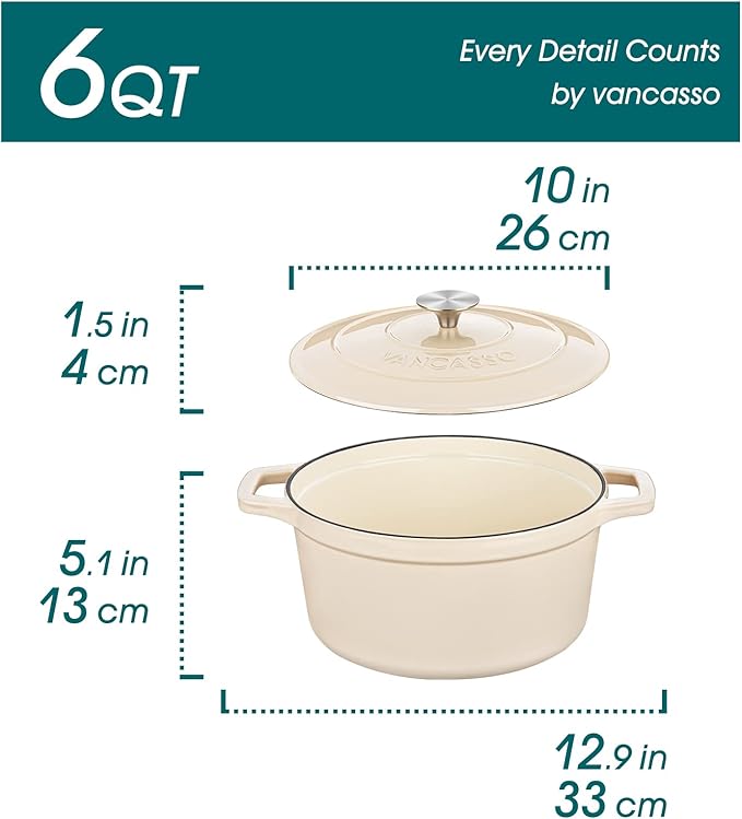 vancasso Cast Iron Dutch Oven, 6 QT Round Pot with Lid and Dual Handles, Non Stick Enamel Coating for Bread Baking, White