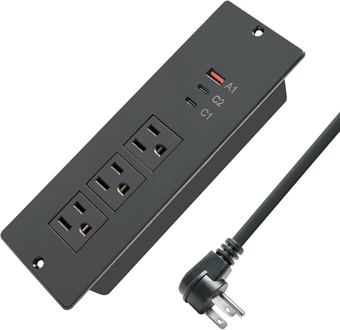 45W Recessed Power Strip USB C, Flush Mount Desk Extender 3 AC Outlets 2 PD USB-C&1 Fast Charge USB-A Ports,Flat Plug Extension Cord for Drawer Cabinet Countertop Table Conference Black