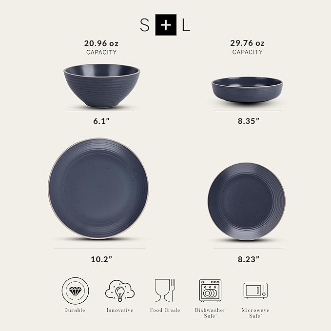 Stone Lain Lauren Modern Stoneware 16-piece Round Dinnerware Set, Plates and bowls Set, Dish set for 4, Charcoal