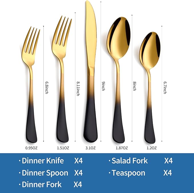 20-Piece Black Gold Silverware Set, 18/0 Stainless Steel Colorful Handle Flatware Set,Service for 4,Modern Cutlery Set Includes Dinner Knives Forks Spoons,Mirror Polished,Dishwasher Safe