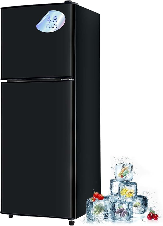 Mini Fridge with Freezer 4.8 Cu. Ft 2 Door Refrigerator, Dorm Fridge with 7 Adjustable Thermostat & Shelves, Compact Mini Refrigerator Freezer for RV, Kitchen, Office, Black
