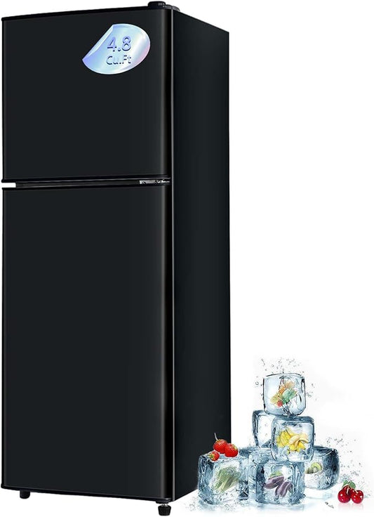 Mini Fridge with Freezer 4.8 Cu. Ft 2 Door Refrigerator, Dorm Fridge with 7 Adjustable Thermostat & Shelves, Compact Mini Refrigerator Freezer for RV, Kitchen, Office, Black