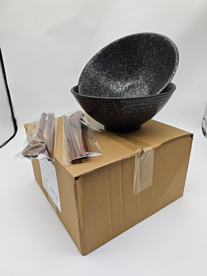 2 x 40 OZ ceramic ramen bowls, 8 IN large Japanese noodle soup bowl, match chopsticks and spoons, suitable for Pho, Udon Asian noodles (Black color 2 set)
