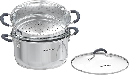 SUNHOUSE - 3.1 Quart Steamer Pots With Lid 2-Tier Multipurpose Stainless Steel Steaming Pot Cookware With Handle For Vegetable, Dumpling, Sauce, Food - Triple Bottom, Measurement Line