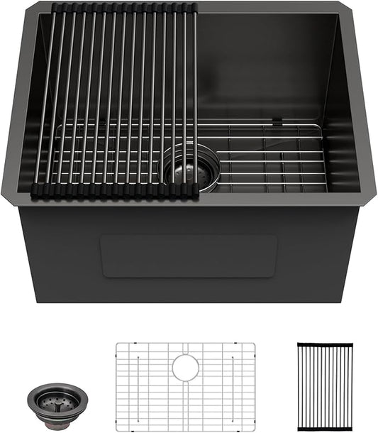 Lordear 23 Black Laundry Sink Stainless Steel 23" x 18" x 13" Undermount Sink Single Bowl 16 Gauge 13 Inch Deep Laundry Room Utility Sinks Handmade Under Counter Kitchen Basin Gunmetal Black