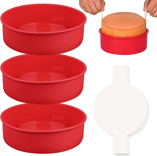 HUAKENER 8 Inch Round Cake Pan, 3 Pack Silicone Cake Molds with 100 Pieces Parchment Paper, Nonstick Cake Molds for Birthday Cakes, Layer Cakes, Cheese Caks, Chocolate Cakes
