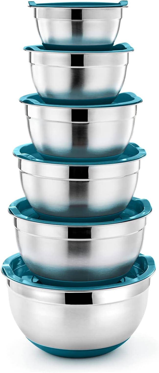 P&P CHEF Mixing Bowls With Lids, Set of 6, Stainless Steel Nesting Mixing Bowls & Fitting Lids & Non-Slip Silicone Bottom, Ideal for Mixing, Storing, Size 0.7/1/1.5/2.5/3/4.6 Qt, Blue
