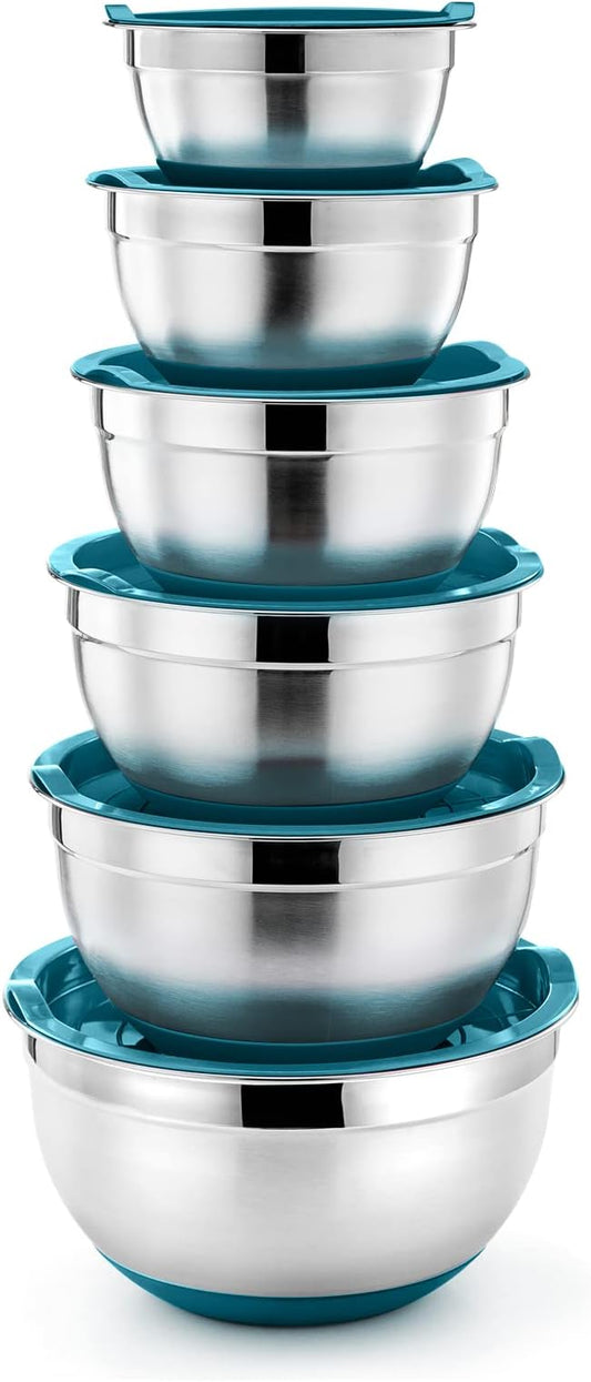 P&P CHEF Mixing Bowls With Lids, Set of 6, Stainless Steel Nesting Mixing Bowls & Fitting Lids & Non-Slip Silicone Bottom, Ideal for Mixing, Storing, Size 0.7/1/1.5/2.5/3/4.6 Qt, Blue