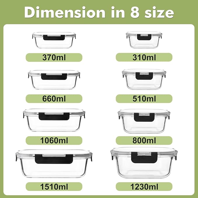 [8 Pack] Glass Meal Prep Containers with Lids, Extra Thick Airtight Glass Food Storage Set (5.1oz–51oz), Leakproof Lunch Boxes for Leftovers, Pantry Storage & Kitchen Organization, BPA-Free