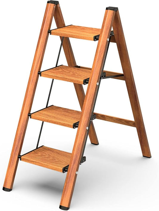 GameGem 4 Step Ladder, Aluminum Folding Step Stool with Anti-Slip Sturdy and Wide Pedal, Lightweight Portable Stepladder for Home and Kitchen Use, Woodgrain, 330 lbs