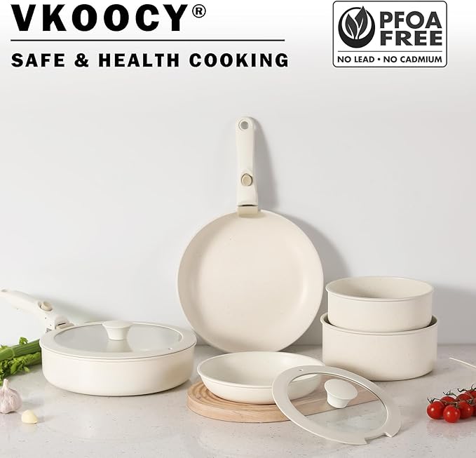 Non Stick Pot and Pan Set with Removable Handle, Ceramic Cookware Set Detachable Handle, Induction Kitchen Camping Stackable Pots Pans, Dishwasher/Oven Safe, Cream