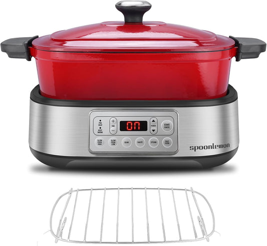 Electric Dutch Oven Multi-Cooker, 5.8QT Enameled Cast Iron Pot - 1250W Fast Heating, 6 Preset Functions, Digital Display & Keep Warm, Oven Safe Pot To 392℉, with Removable Pot, Steam Rack