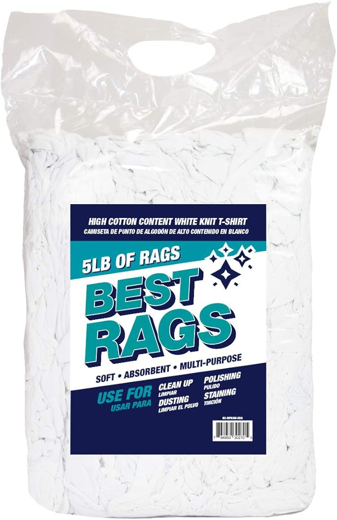Arkwright Tshirt Bag of Rags - 5 lb Bag - Low Lint, Streak-Free Multipurpose Professional Cotton Cleaning Cloths for Stain, Paint, Wood, and Grease, White