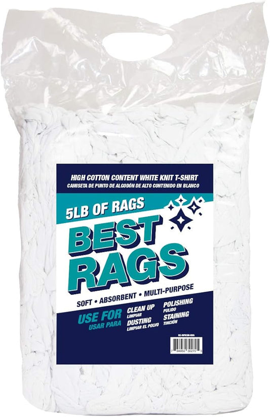 Arkwright Tshirt Bag of Rags - 5 lb Bag - Low Lint, Streak-Free Multipurpose Professional Cotton Cleaning Cloths for Stain, Paint, Wood, and Grease, White