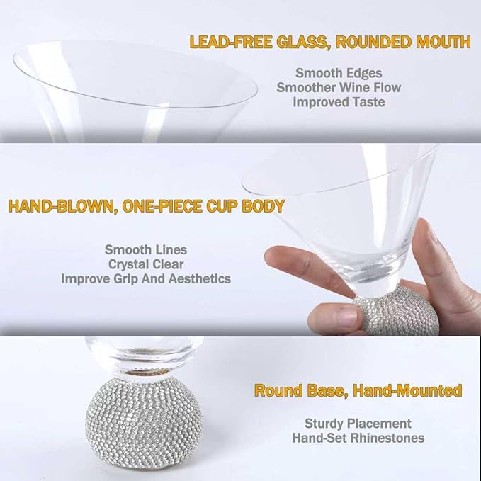 Martini Glasses Set of 4,Stemless Margarita Glasses,Unbreakable Crystal Fancy Cocktail Glasses,10 Oz Bar Glass,for Party,Birthday,Manhattan, Cosmopolitan, Home Bargifts Women (Silver Clear)