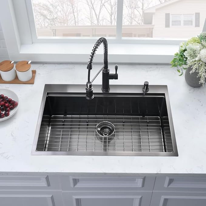 33 Black Drop in Kitchen Sink, 33 x 19 Inch Black Stainless Steel Kitchen Sink Single Bowl 16 Gauge Workstation Top Mount Deep Basin