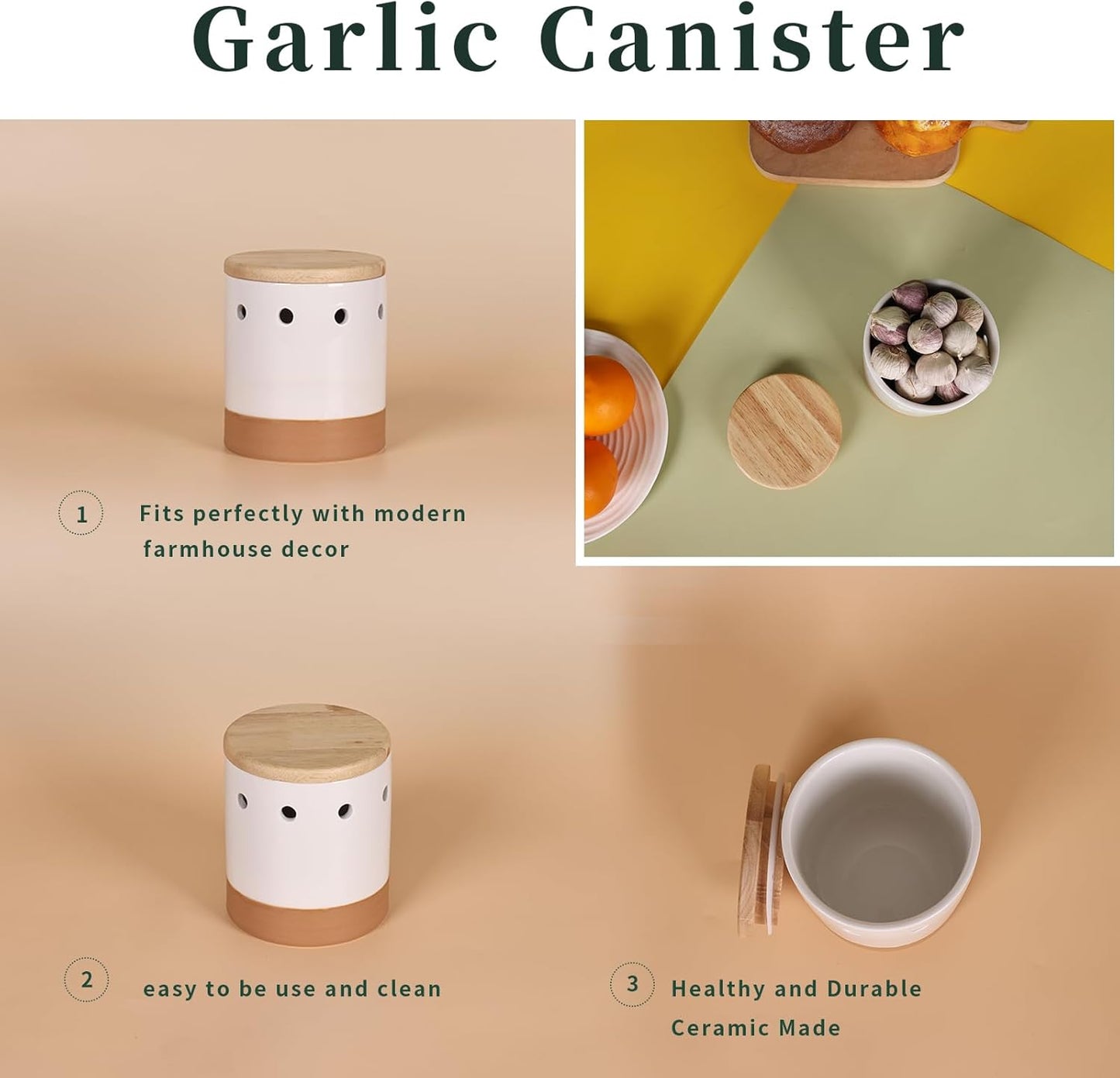 LEETOYI Garlic Keeper with Wooden Lid, Ceramic Garlic Holder Storage Container for Countertop, Saver to Keep Garlic Cloves Fresh Longer