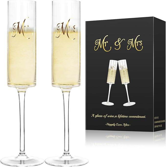 Topsky Mr & Mrs Crystal Champagne Flutes set of 2,Bride & Groom Toasting Glass,Modern & Elegant,Unique Gifts for Wedding, Anniversary,Engagement,Christmas, Birthday,7oz