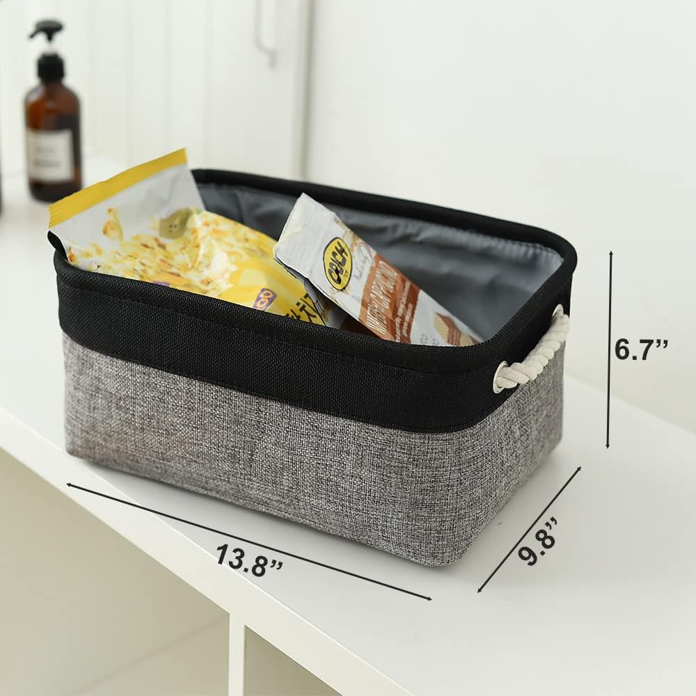 TheWarmHome Storage Basket for Organizing - 14x10x7 inch Medium 3 Pack Collapsible Storage Bin for Shelves with Rope, Fabric Storage Cubes for Organizer Cloth Gift Toy Closet (Black & Grey)