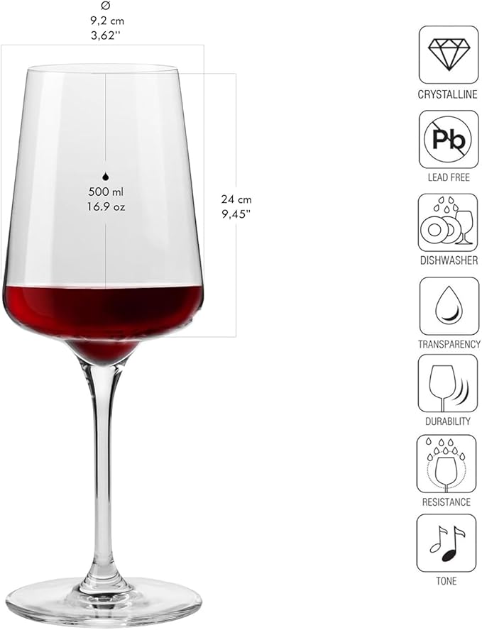 Krosno Red Wine Glasses, Set of 6, 16.91 oz, Infinity Collection, Ideal for Cabernet, Merlot, Classic Elegant Shape, Premium Glass, Lead-Free, Dishwasher Safe, Made in Europe
