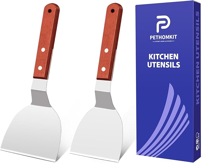 Metal Spatula Set for Cast Iron Skillet, Wide Griddle Stainless Steel Spatula Flipper Turner Utensil Set for Kitchen Use with Short Wood Handle Beveled Edge for Pancake, Egg, Burger, Omelet, 2 Pack