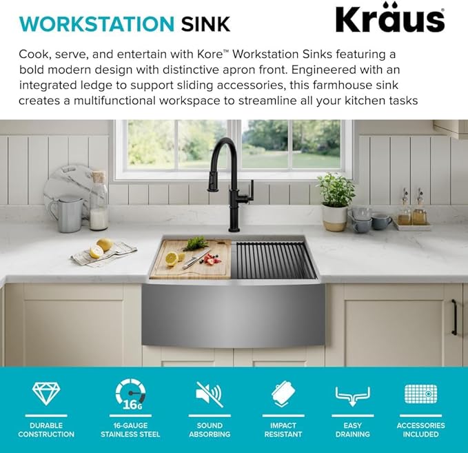 KRAUS Kore 27-Inch Farmhouse Workstation 16 Gauge Stainless Steel Kitchen Sink with Accessories, KWF210-27