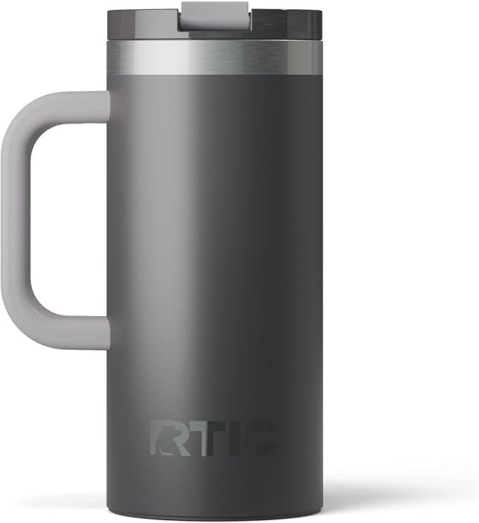 RTIC 16oz Road Trip Travel Mug with Lid and Handle, Ceramic Lined, Insulated, Stainless Steel, Metal, Double Wall Vacuum-Insulation, Portable Coffee, Tea Cup for Hot and Cold Drink, Graphite