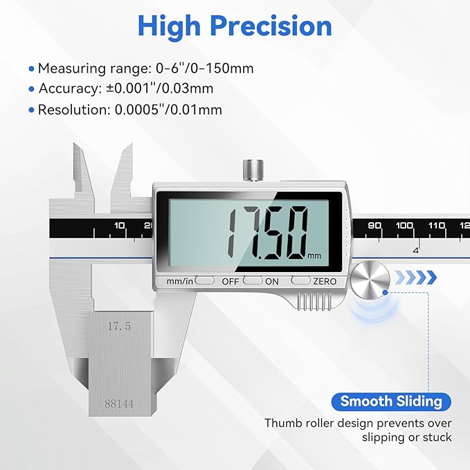 Housolution Digital Caliper, 6Inch Caliper Measuring Tool with Large LCD Screen, Inch/MM Switch, 4 Measuring Ways, Stainless Steel Micrometer Vernier Caliper with Splashproof Screen for Woodworkers