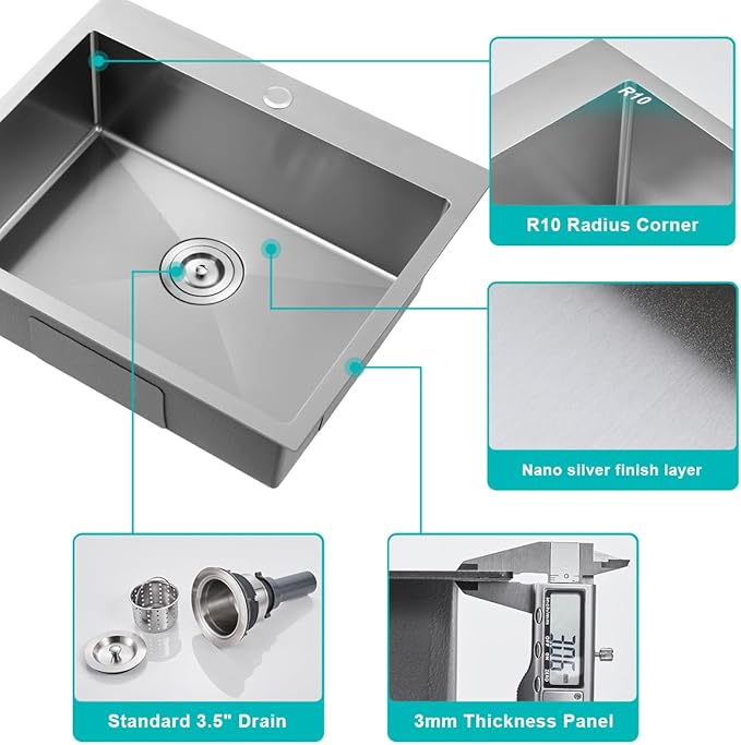 23 Inch Drop in Kitchen Sink Brushed Nickel, 18 Gague Stainless Steel 1 Faucet Hole Single Bowl Deep Kitchen Sink Topmount, D23"xW18"xH9"
