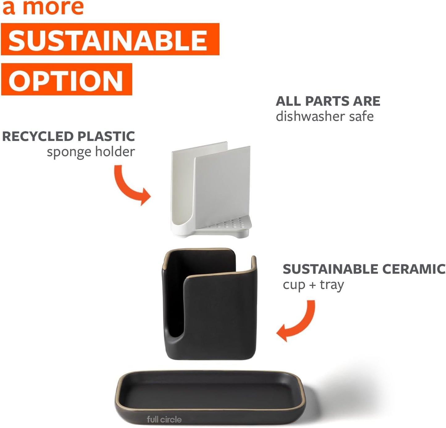 Full Circle Stash, Ceramic Kitchen Sink Caddy, Stylish Modular Sponge Holder & Dish Brush Organizer, Gray and White, 11"