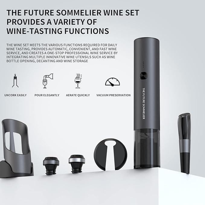 CIRCLE JOY Rechargeable Electric Wine Bottle Opener Set 7-in-1 Aluminum Alloy Wine Gift Set with 2-in-1 Electric Corkscrew & Vacuum Pump, Foil Cutter, Wine Pourer, Charging Base and 2 Wine Stoppers