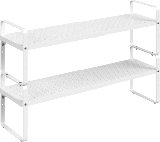Expandable Cabinet Shelf Organizer Adjustable Metal Spice Rack Stackable Freestanding Counter Storage Shelves for Kitchen Cabinet Under Sink Office Desk (White - 2Pack - L16.5-27'' * W8'' * H9.6'')