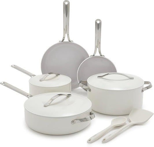 GreenPan Nova 10-Piece Cookware Pots & Pans Set, Oprah’s Favorite Things 2024, PFAS-Free Ceramic Nonstick, Fry, Sauté, Stockpot, Utensils, Lids, Induction Suitable, Dishwasher & Oven Safe, Cream White