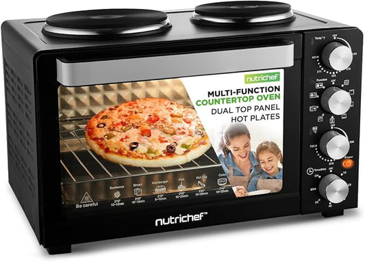 NutriChef 30 Quart Kitchen Convection Oven & 2 Burner Cooker - 1500 Watt Oven - 7 Cook Functions Rotisserie, Cook, Bake, Broil & More - Includes Baking Tray, Skewers & Handles - 19.6 x 16.0 x 13.5 IN