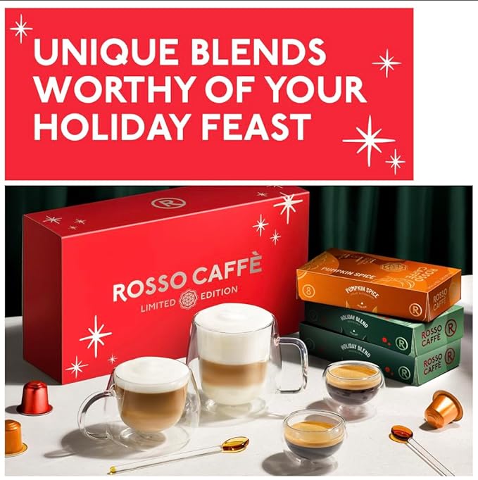 ROSSO CAFFE Espresso Coffee Pods for Nespresso Machines - Holiday Limited Edition - 80 Aluminium Capsules - Compatible with all Nespresso Original line Machines (Holiday Blend and Pumpkin Spice)