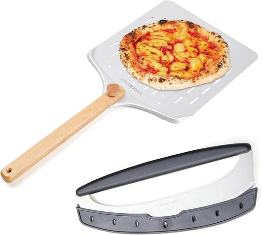 Pizza Cutter Rocker & 12 Inch Rotating Pizza Peel Set - Anodized Aluminum Peel with Wooden Handle, Includes Plastic Blade Guard - Ideal for Pizza Oven Baking & Slicing