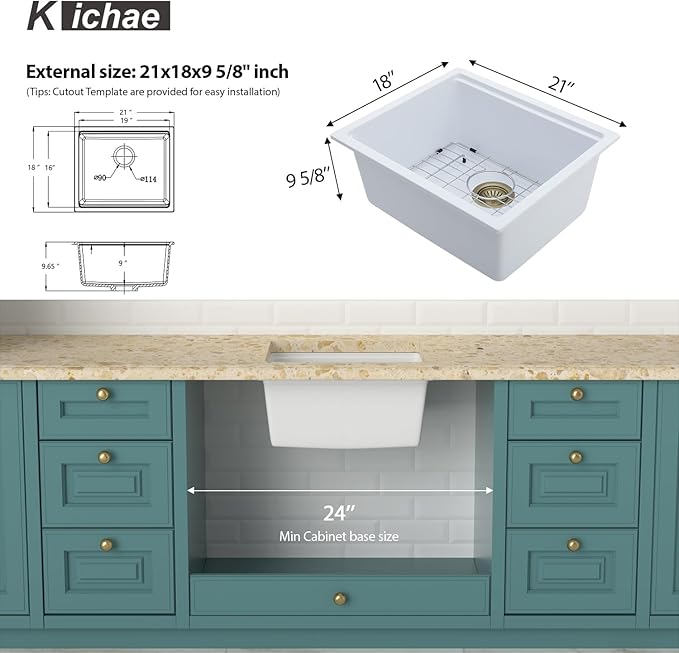 Kichae White Undermount Bar Sink - 21 x 18 Inch Composite Granite Quartz Sink Undermount Wet Bar Prep Kitchen Sinks Single Bowl Basin with Cutting Board