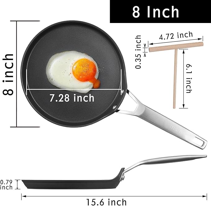 MsMk Crepe Pan with Spreader, 8 Inch Titanium and Ceramic Nonstick Flat Skillet Tortilla Egg Pan, Induction Compatible, PFOA Free, Oven Safe to 700°F