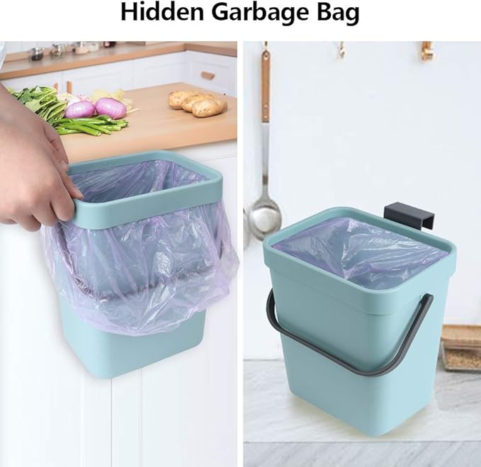 Hanging Small Trash Can with Lid Under Sink for Kitchen, 5 L/ 1.3 Gallons Plastic Waste Basket,Food Waste Bin,Kitchen Compost Bin for Counter Top,Bathroom/Office (Blue)