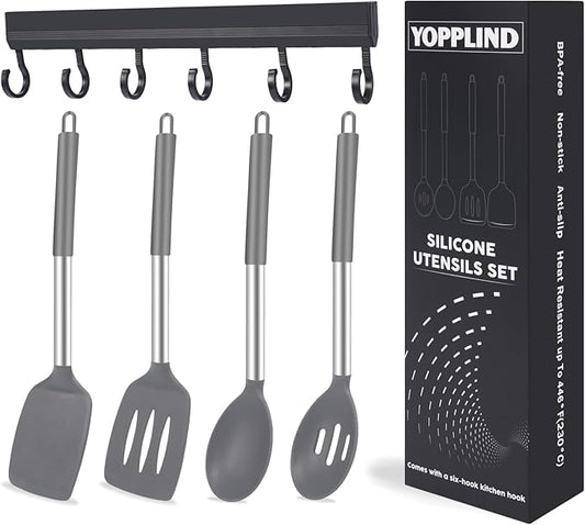 5-Piece Silicone Kitchen Tool Set, BPA-Free, Heat-Resistant, Non-Stick & Dishwasher-Safe, with Slotted/Solid Spoons & Spatulas for Frying, Mixing, Draining – Includes Multi-Purpose Serving Hook(Gray)